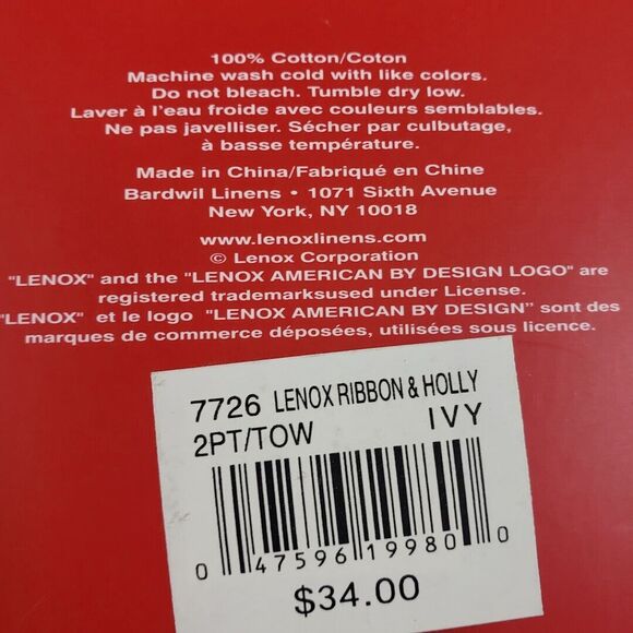 Lenox Christmas Ribbon & Holly 2pc Finger Tip Towel Set Holiday, Xmas Ivory - Picture 6 of 8